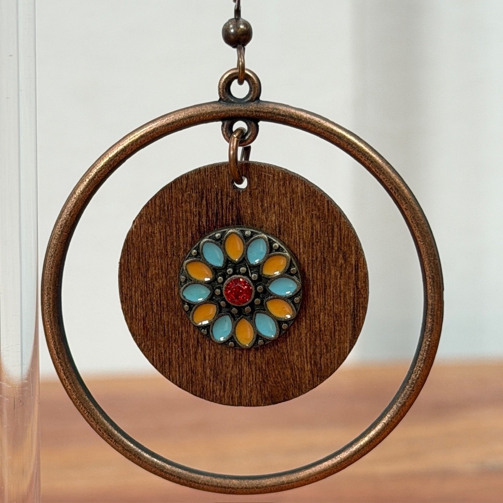 Boho Hoop Earrings Wood Flower Inlay Turquoise Orange Red Accent Bronze Dangle - Picture 1 of 4